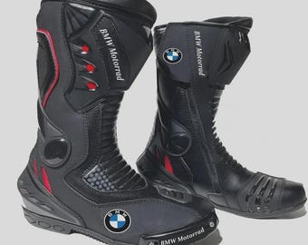 Botas de moto BMW de cuero negro para competición / Botas deportivas de protección para montar a caballo