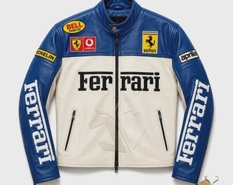 Vintage Ferrari F1 Racing Leather Jacket - Blue & Cream - Rare Collectible Moto Jacket