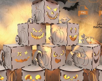Pacchetto di 10 file SVG per taglio laser di portacandele a forma di zucca di Halloween