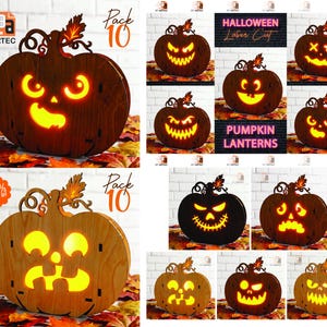 May include: A pack of 10 laser-cut wooden pumpkin lanterns featuring various carved facial expressions. Each pumpkin is crafted from wood with a stem and leaf detail at the top, illuminated from within to create a glowing effect for Halloween decor.