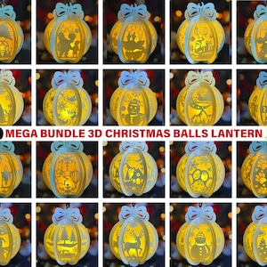 May include: A collection of 20 white 3D Christmas ball lanterns featuring intricate cut-out designs including gnomes, reindeer, snowmen, trees, and holiday motifs, each topped with a bow and illuminated from within with a warm yellow light.