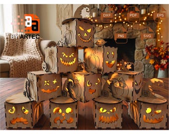 Pack 10 Halloween Pumpkin Candle Holder SVG Laser Cut File Bundle