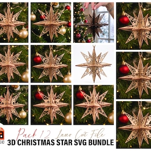 Könnte beinhalten: Eine Sammlung von zwölf 3D-Sternornamenten mit komplexen lasergeschnittenen Mustern. Jeder Stern hat ein vielzackiges Design mit detaillierten Ausschnitten. Der Text Pack 12 Laser Cut File 3D CHRISTMAS STAR SVG BUNDLE ist unten abgebildet.