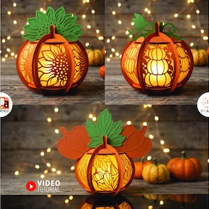 Puede incluir: Tres linternas decorativas con forma de calabaza naranja que presentan intrincados diseños cortados con láser. Una muestra un girasol, otra una pila de calabazas y la tercera hojas de otoño. Cada linterna emite un cálido resplandor.