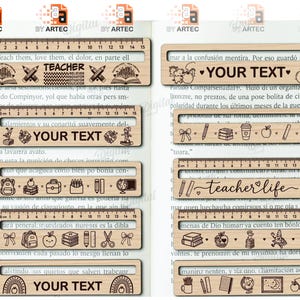 May include: A collection of ten rectangular wooden bookmarks, each featuring a 15 cm ruler along the top edge. The bookmarks are engraved with various school-themed icons, including books, pencils, apples, and globes, with some displaying text like TEACHER, YOUR TEXT, and teacher life.