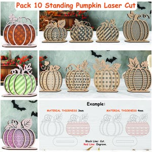 May include: A digital pack of 10 standing pumpkin laser cut files in SVG, PNG, EPS, PDF, and DXF formats. The designs feature various patterns including stripes, dots, and geometric shapes, with material thickness options of 3mm and 4mm shown.