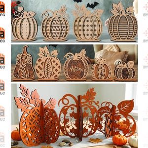 Op de afbeelding: Een verzameling lasergesneden houten pompoendecoraties met diverse ingewikkelde patronen, uitsparingen en bladdetails. Sommige pompoenen tonen geometrische ontwerpen, stippen, strepen of het woord Autumn, terwijl andere driedimensionale structuren zijn.
