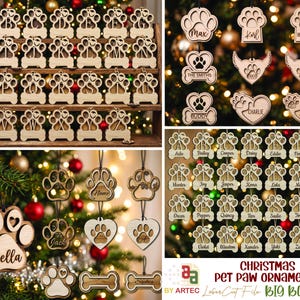 May include: A collection of laser-cut wooden ornaments in the shape of pet paws, hearts, and bones. The ornaments feature engraved letters, names, and decorative cutouts. Each piece includes a black string for hanging on a Christmas tree.