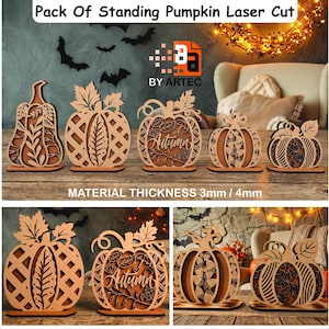Peut inclure: Un ensemble de cinq décorations de citrouilles debout en bois découpées au laser avec des motifs complexes, incluant des feuilles et des treillis. Une citrouille porte le mot Autumn. Le texte Material Thickness 3mm / 4mm est visible.