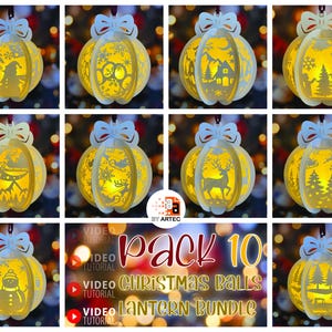 May include: A collection of ten white paper-cut Christmas ball ornaments, each featuring a unique holiday scene including snowmen, reindeer, sleighs, and winter landscapes. Each spherical lantern is topped with a decorative bow and illuminated from within by a warm yellow light.