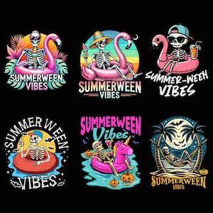 May include: Six graphic designs featuring skeletons in summer settings with the text Summerween Vibes. The illustrations include skeletons with flamingos, unicorns, and hammocks, incorporating tropical plants, ice cream, drinks, and pumpkins.