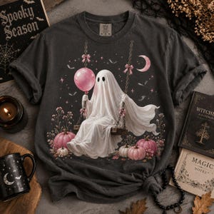 Cute Ghost on Swing PNG, Pink Halloween Ghost Clipart, Spooky Pumpkin Sublimation Design, Fall Aesthetic Digital Download PNG