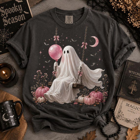 Cute Ghost on Swing PNG, Pink Halloween Ghost Clipart, Spooky Pumpkin Sublimation Design, Fall Aesthetic Digital Download PNG