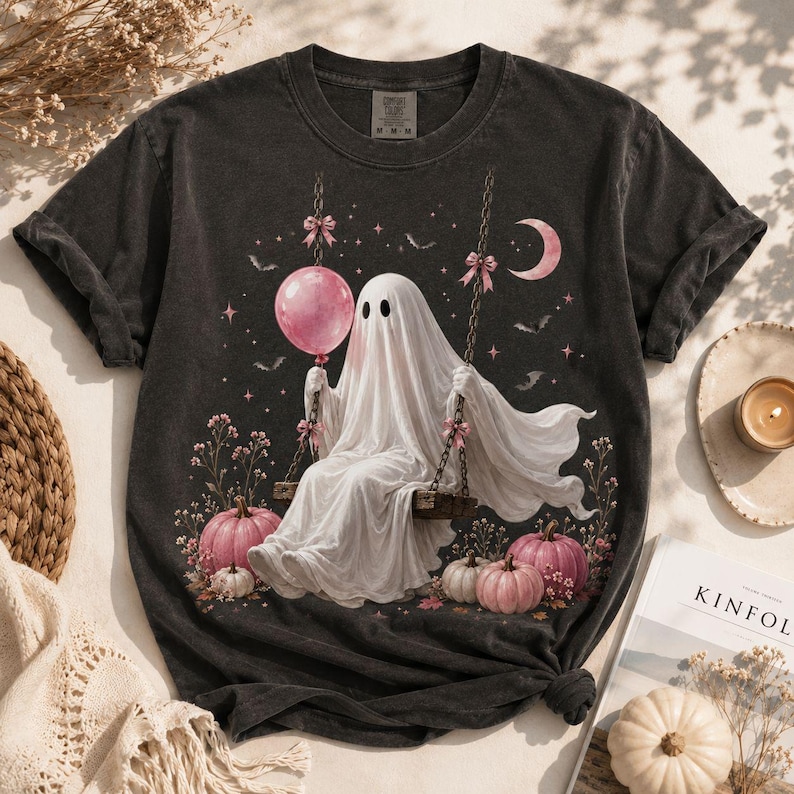 Cute Ghost on Swing PNG, Pink Halloween Ghost Clipart, Spooky Pumpkin Sublimation Design, Fall Aesthetic Digital Download PNG image 3