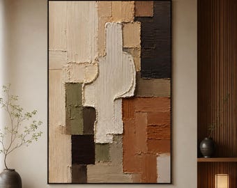 Pintura geométrica abstracta, lienzo con textura gruesa y efecto empaste, decoración neutra en tonos tierra, regalos modernos y minimalistas para la sala de estar.