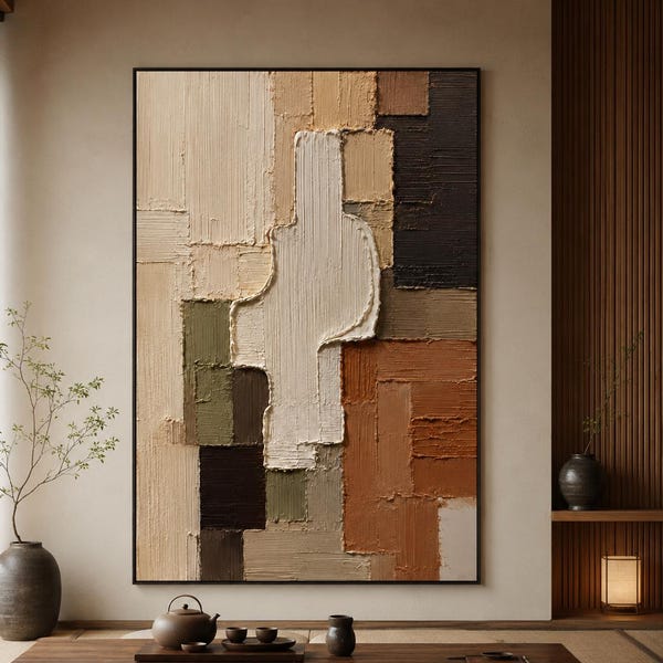 Abstract Geometric Painting, Thick Impasto Canvas Wall Art, Textured Earth Tone Neutral Decor, Modern Minimalist Living Room Gifts