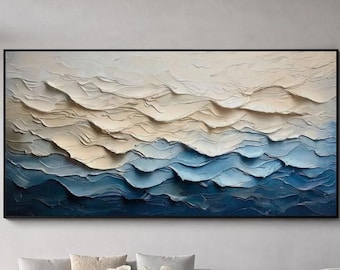 Blue Beige Abstract Oil Painting, Textured Mountain Wall Art, Neutral Landscape Canvas, Coastal Style Artwork For Modern Home Interior Decor