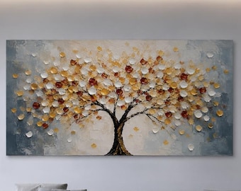 Textured Tree Oil Painting, Gold White Blossom Wall Art, Blue Gray Nature Canvas Decor