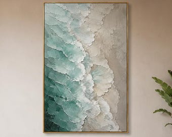 Peinture texturée de vagues océaniques, art impasto de plage turquoise et beige