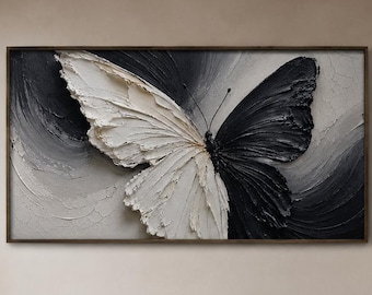 Pintura a óleo de borboleta em preto e branco, arte de parede monocromática com borboleta, decoração moderna e neutra.