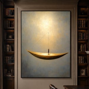 May include: A large rectangular wall painting featuring a golden crescent-shaped boat floating in a soft, hazy light. A small, dark, solitary figure stands in the centre of the boat, holding a thin, vertical line that extends upwards.