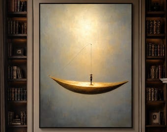 Surreal Golden Boat Painting Minimalist Ethereal Dreamscape Art