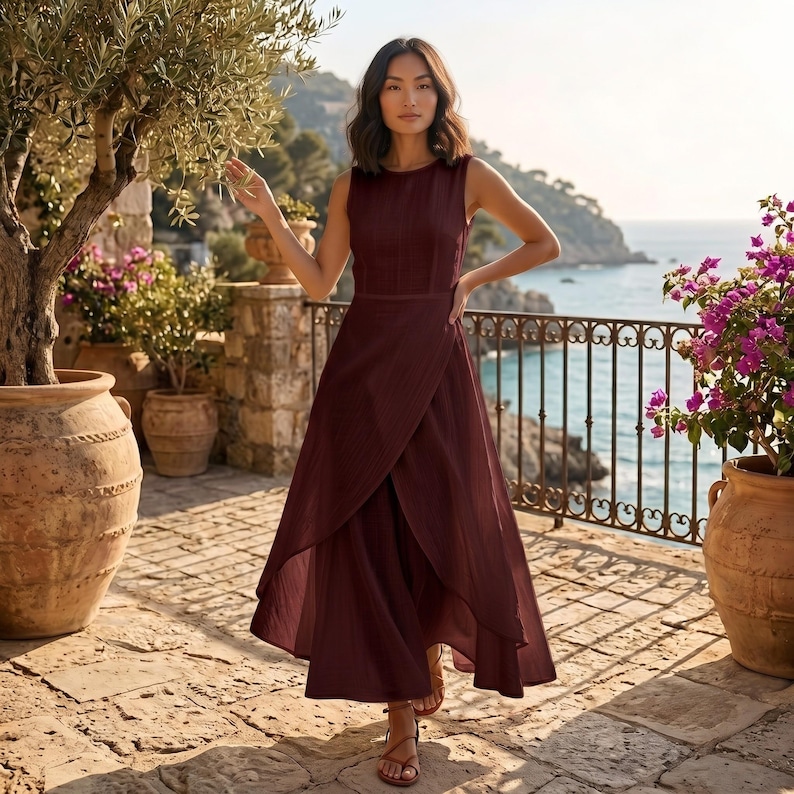 Elegant Asymmetrical Maxi Dress Sleeveless Layered Wrap Dress Flowy Summer Resort Wear Boho Vacation Dress image 2