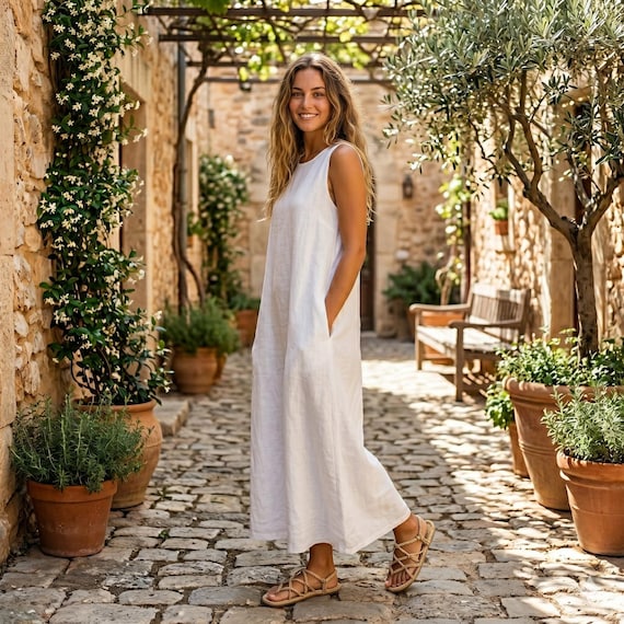 Linen Sleeveless Loose Maxi Dress With Side Pockets Handmade Spring Summer Plus Size Flowy Minimalist Sun Dress