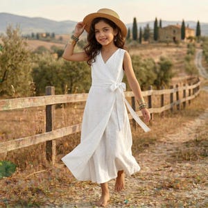 Vestido cruzado de lino para niñas, vestido de lino sin mangas, vestido de lino modesto de talla grande para niña de las flores, vestido de lino de verano