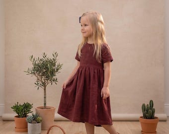 flowy toddler dress White Linen Flower Girl Dress, Bell Sleeve Dress, Knee Length Linen Summer for Girl, Linen Baptism Dress for Baby Girl bsmle