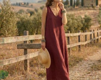 Linen Sleeveless Maxi Dress For Women, Minimalist Linen Tank Dress, V-Neck Boho Relaxed Fit Summer Sun Dress