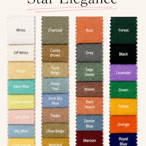 May include: A color chart titled Star Elegance featuring four vertical columns of fabric swatches with pinked edges. The swatches display a wide variety of colors including white, charcoal, rust, forest, beige, aqua blue, lemon yellow, and navy blue.