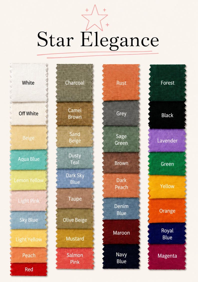 May include: A color chart titled Star Elegance featuring four vertical columns of fabric swatches with pinked edges. The swatches display a wide variety of colors including white, charcoal, rust, forest, beige, aqua blue, lemon yellow, and navy blue.