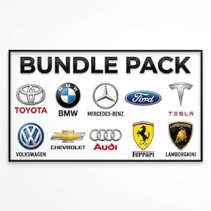 May include: A rectangular sign with the text BUNDLE PACK at the top, featuring ten automotive brand logos and names arranged in two rows: Toyota, BMW, Mercedes-Benz, Ford, Tesla, Volkswagen, Chevrolet, Audi, Ferrari, and Lamborghini.