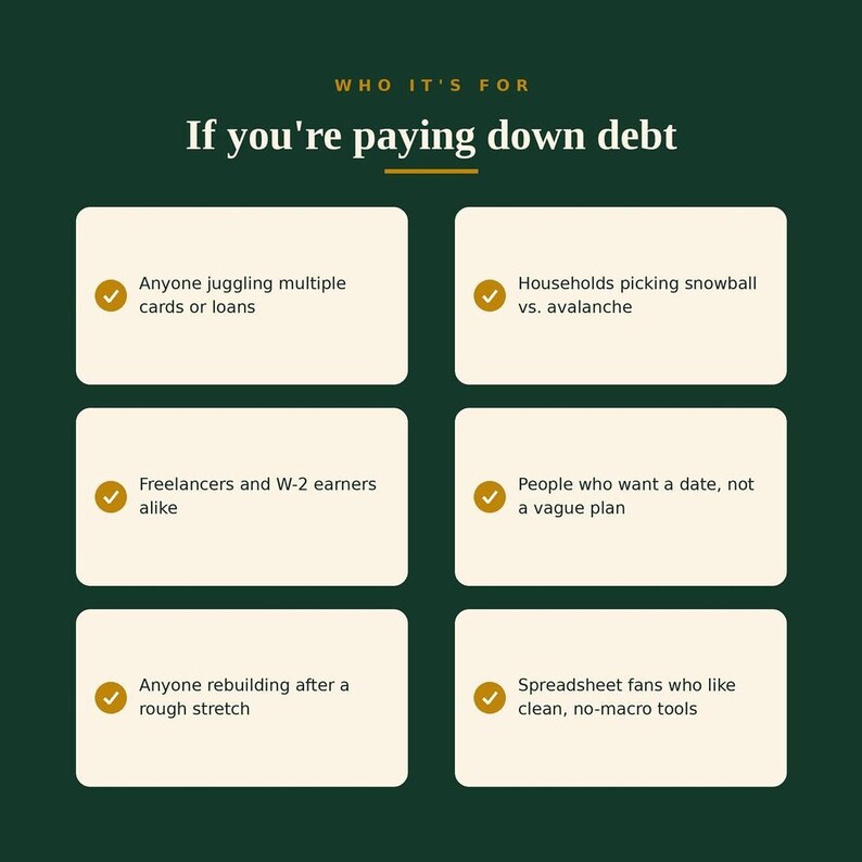 A green and gold graphic titled "If you're paying down debt" with six checked bullet points describing who the product is for, such as "Anyone juggling multiple cards or loans" and "Spreadsheet fans who like clean, no-macro tools."