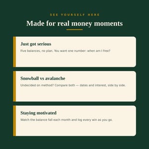 A green and gold graphic titled "Made for real money moments" with three sections: Just got serious, Snowball vs avalanche, and Staying motivated.