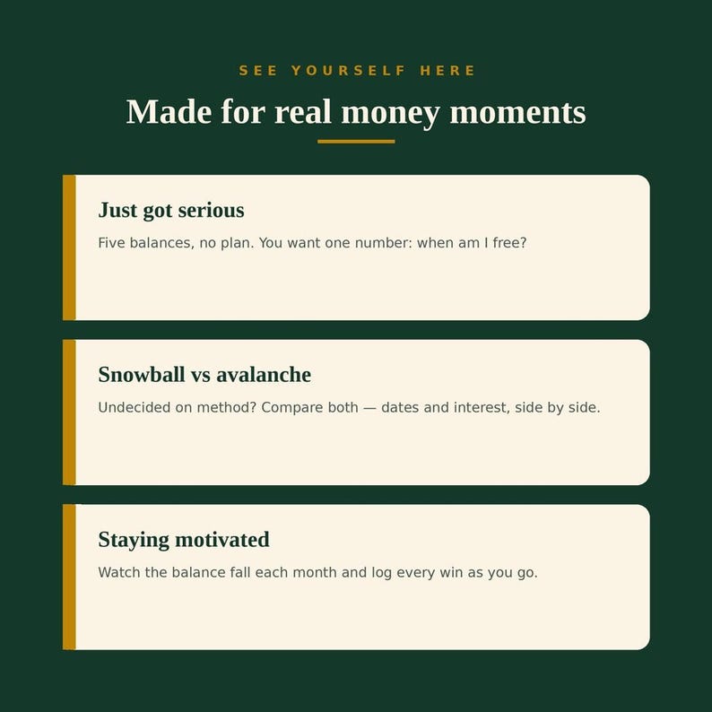 A green and gold graphic titled "Made for real money moments" with three sections: Just got serious, Snowball vs avalanche, and Staying motivated.