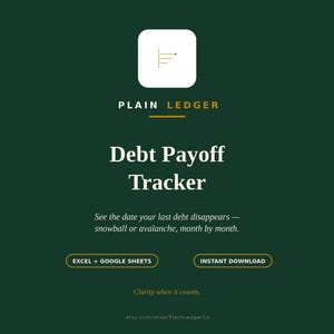 A green and gold graphic with the text "Debt Payoff Tracker" and "See the date your last debt disappears - snowball or avalanche, month by month."