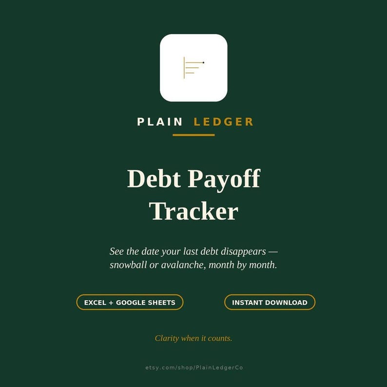 A green and gold graphic with the text "Debt Payoff Tracker" and "See the date your last debt disappears - snowball or avalanche, month by month."