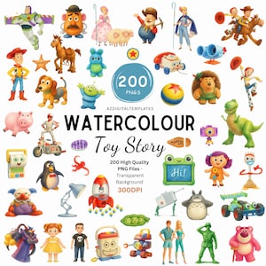 Può includere: Una collezione di illustrazioni digitali in stile acquerello con vari personaggi e oggetti del franchise Toy Story, tra cui figure come Woody, Buzz Lightyear e Rex, insieme al testo 200 PNGS WATERCOLOUR Toy Story.