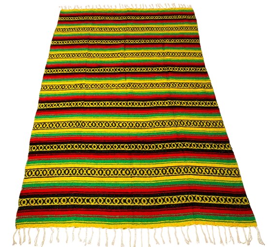 FALSA Mexican Blanket Hand Woven RASTA Serape Throw Yoga Mat Southwest Fiesta