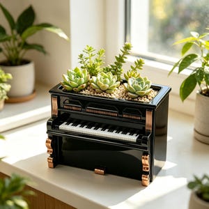 May include: A black piano-shaped planter with copper-coloured accents and white keys. The top of the piano is filled with small light green succulent plants nestled in a bed of tiny beige pebbles, creating a unique container for indoor greenery.