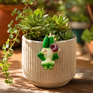 May include: A light beige, vertically ribbed cylindrical planter containing a green succulent plant. A small, green, upside-down frog figurine is attached to the front rim, holding a tiny, translucent, dark red circular object in its hand.