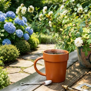 Tazza da giardino personalizzata con vaso di fiori in terracotta, ideale per gli amanti delle piante.