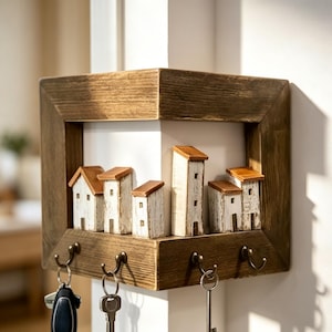 Op de afbeelding: Een houten hoek-sleutelhouder met een donkerbruin frame en een rustieke afwerking. Op de bovenste rand staan zes miniatuur witte houten huisjes met bruine daken. Aan de onderkant bevinden zich vier gebogen metalen haken voor het ophangen van sleutels.