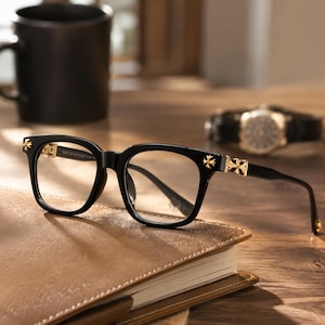 Puede incluir: Gafas de montura negra con emblemas metálicos en forma de cruz de tono dorado en las bisagras y varillas. Las monturas tienen una forma rectangular con lentes transparentes, y los detalles dorados ofrecen un contraste marcado con el material oscuro y brillante.