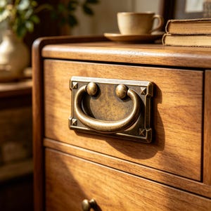 May include: A rectangular brass drawer pull with a curved drop handle mounted on a wooden drawer front. The hardware features a weathered, antique finish with four small decorative studs at the corners of the rectangular backplate.
