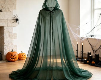Sheer Hooded Tulle Cape, Halloween Long Train Cloak For Witch Cosplay Costume Party