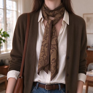 May include: A brown paisley print neck scarf tied in a simple knot, worn over a white button-down shirt and a dark brown knit cardigan. The scarf features a repeating gold-toned pattern on a dark brown background with a solid brown border.