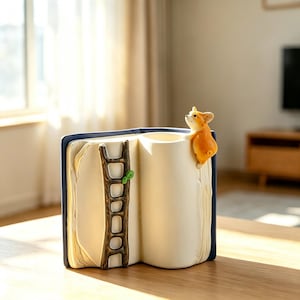 Pode incluir: Um porta-canetas de cerâmica cor de creme em forma de livro aberto com uma lombada azul-escura. Uma escada castanha está fixada na página esquerda e uma pequena figura de cão corgi laranja e branco está pousada na margem direita.